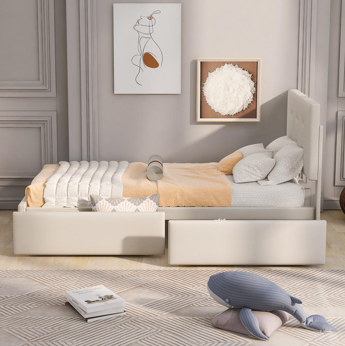 SAMT-POLSTERBETT 90/200 cm mit Schublade und gepolstertem Kopfteil in Beige - Beige, Textil (90/200cm) - BEAOK