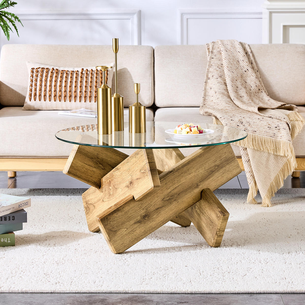 COUCHTISCH 79 cm Durchmesser mit Glasplatte und kreative Kreuz-Stütze aus MDF und Holz - Klar, Holzwerkstoff (79/79/45cm) - OKWISH