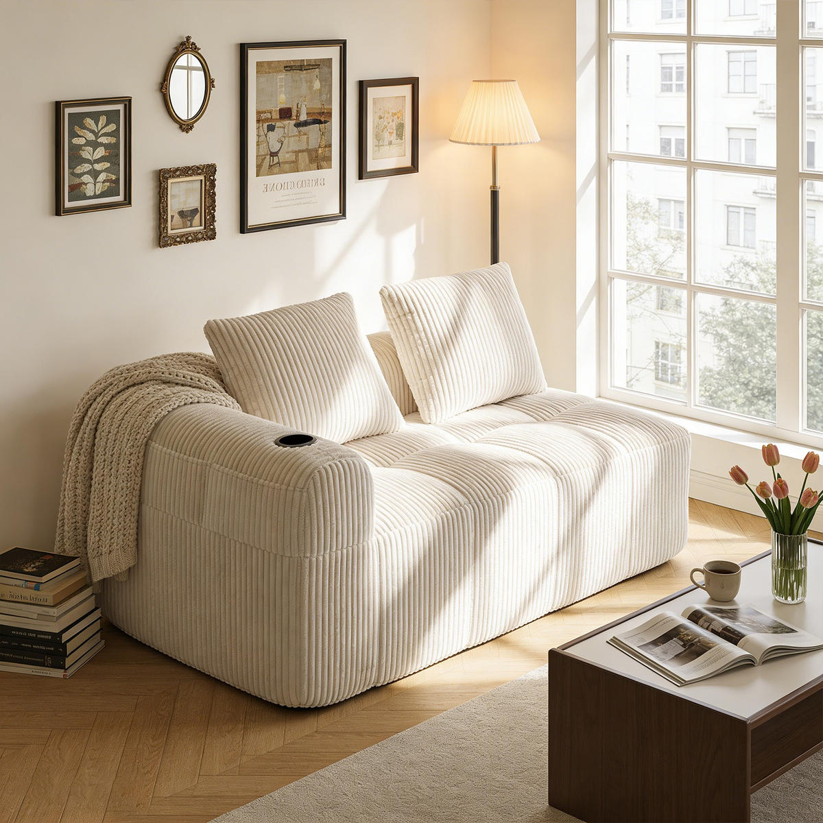SOFA Modulares 2-Sitzer, Cord, keine Montage erforderlich, Beige - Beige, Textil (93/61/158cm) - Meubles Cosy