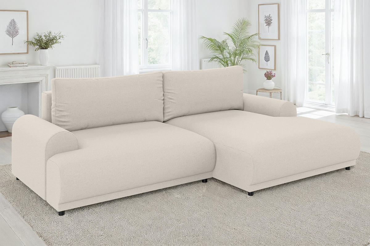 ECKSOFA mit Schlaffunktion, Bettkasten, extrabreite Ottomane rechts, abgerundete Armlehnen, B240/T145/H81 cm, Strukturstoff Beige / 21031 - Beige/Schwarz, Kunststoff/Textil (240/145cm) - luma-home