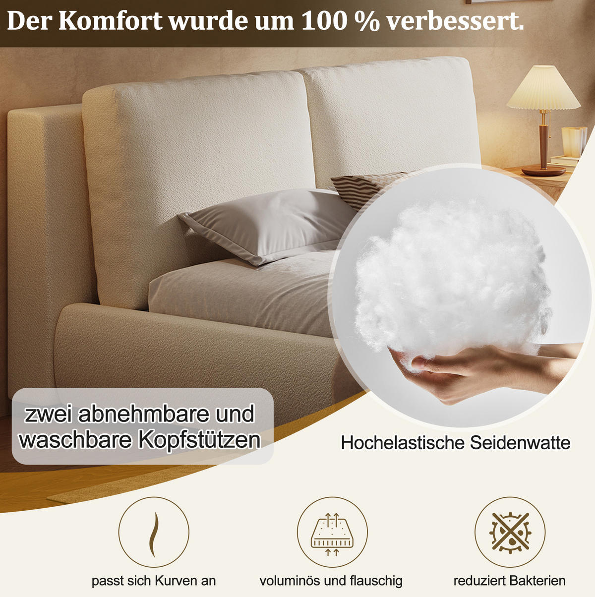 POLSTERBETT aus Bouclé 180x200 cm Beige mit Lattenrost und hydraulischem Bettkasten - Beige, Textil (180/200cm) - Modfu