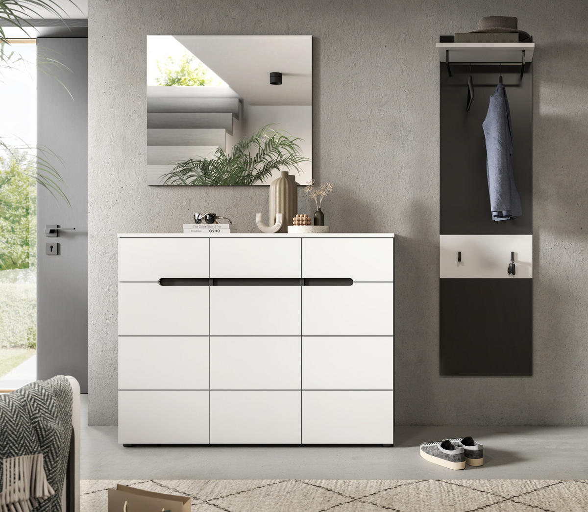 GARDEROBEN-SET 3-teilig in weiß, grau 180 cm, Kombination mit Soft-Close, Cooper - Schwarz/Weiß, Glas/Holzwerkstoff (180/190/37cm) - Inn.Furn