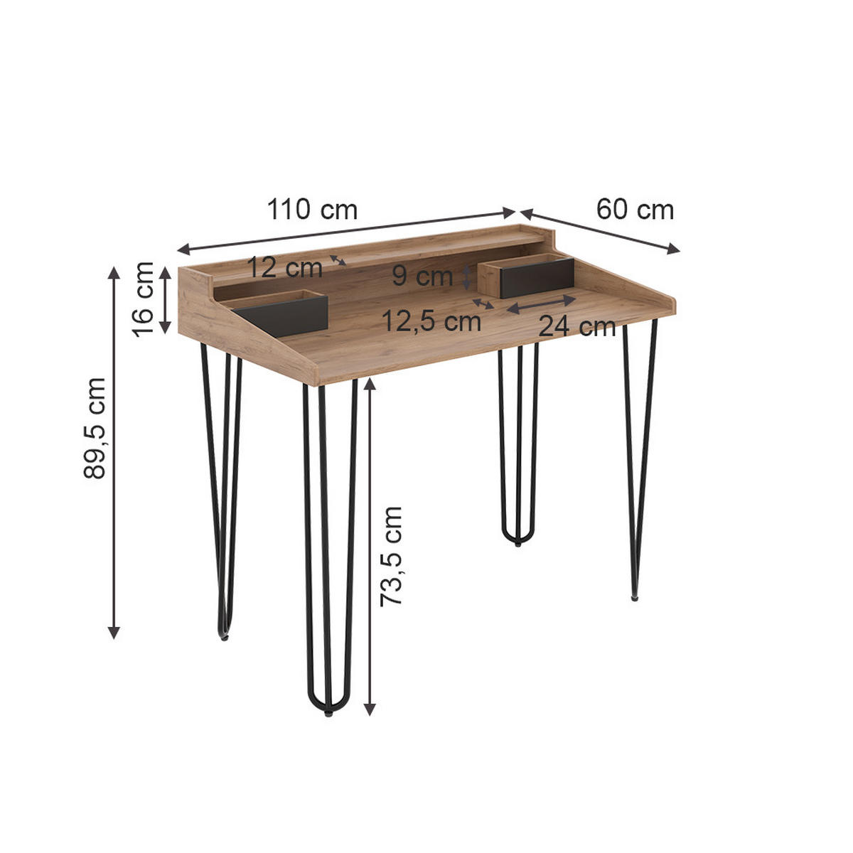 SCHREIBTISCH Sannar Eiche 110 x 60 cm mit Schubladen - Eichefarben/Schwarz, Holzwerkstoff (60/110/89.5cm) - Vicco