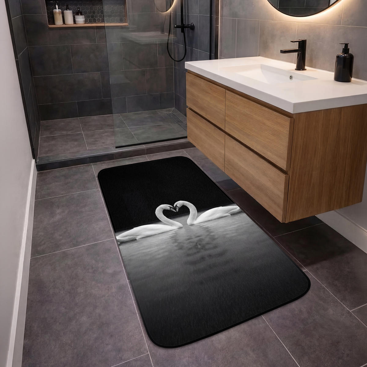 KOUPELNOVÁ PŘEDLOŽKA Labutě - srdce - černá - bílá 60x120 cm - černá, textil/plast (60/120cm)