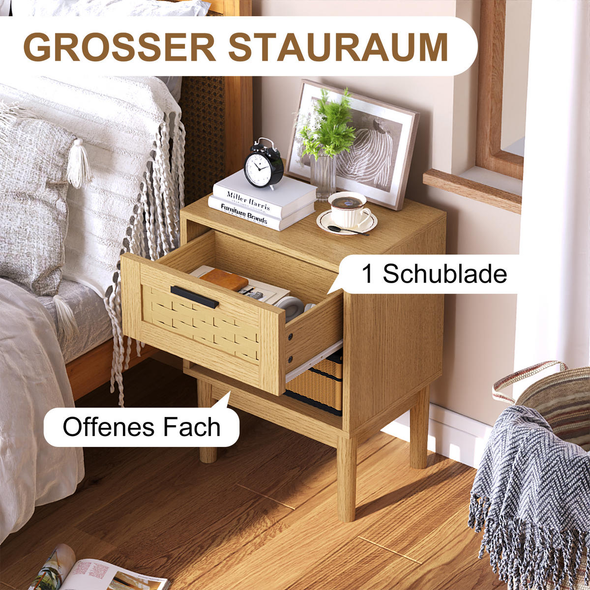 NACHTTISCH 2er Set Holz Rattan Schublade offenes Fach Eiche - Naturfarben, Holz (30/55/40cm) - LEBENLANG