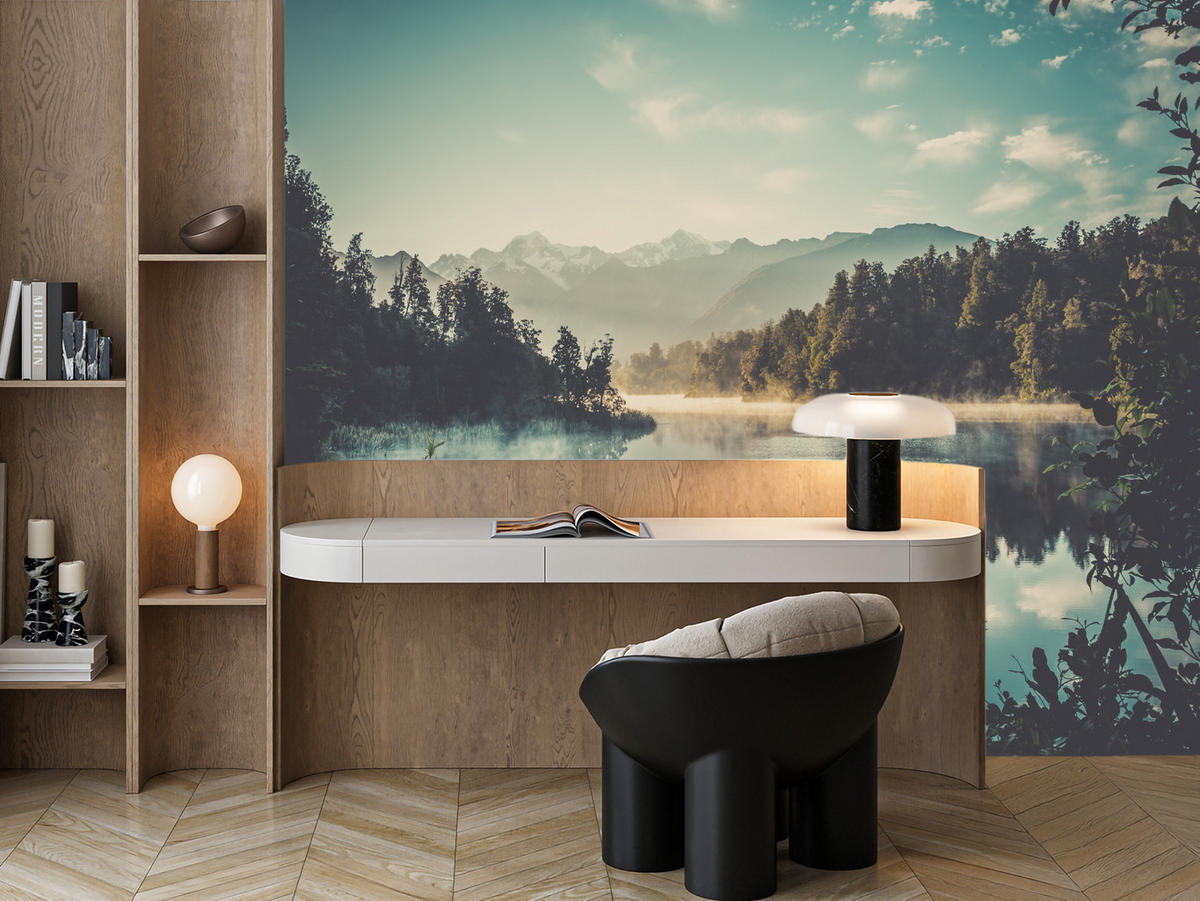 FOTOTAPETE für Esszimmer Bergsee Wald Bäume Nebel 200x140 - Türkis/Gelb, Papier (200/140cm) - Muralo