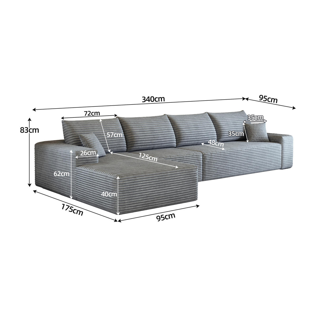 ECKSOFA 340/175/83 cm Grau mit L-förmiger Chaiselongue, Linke Seite - Grau, Textil (340/175cm) - Oxeza