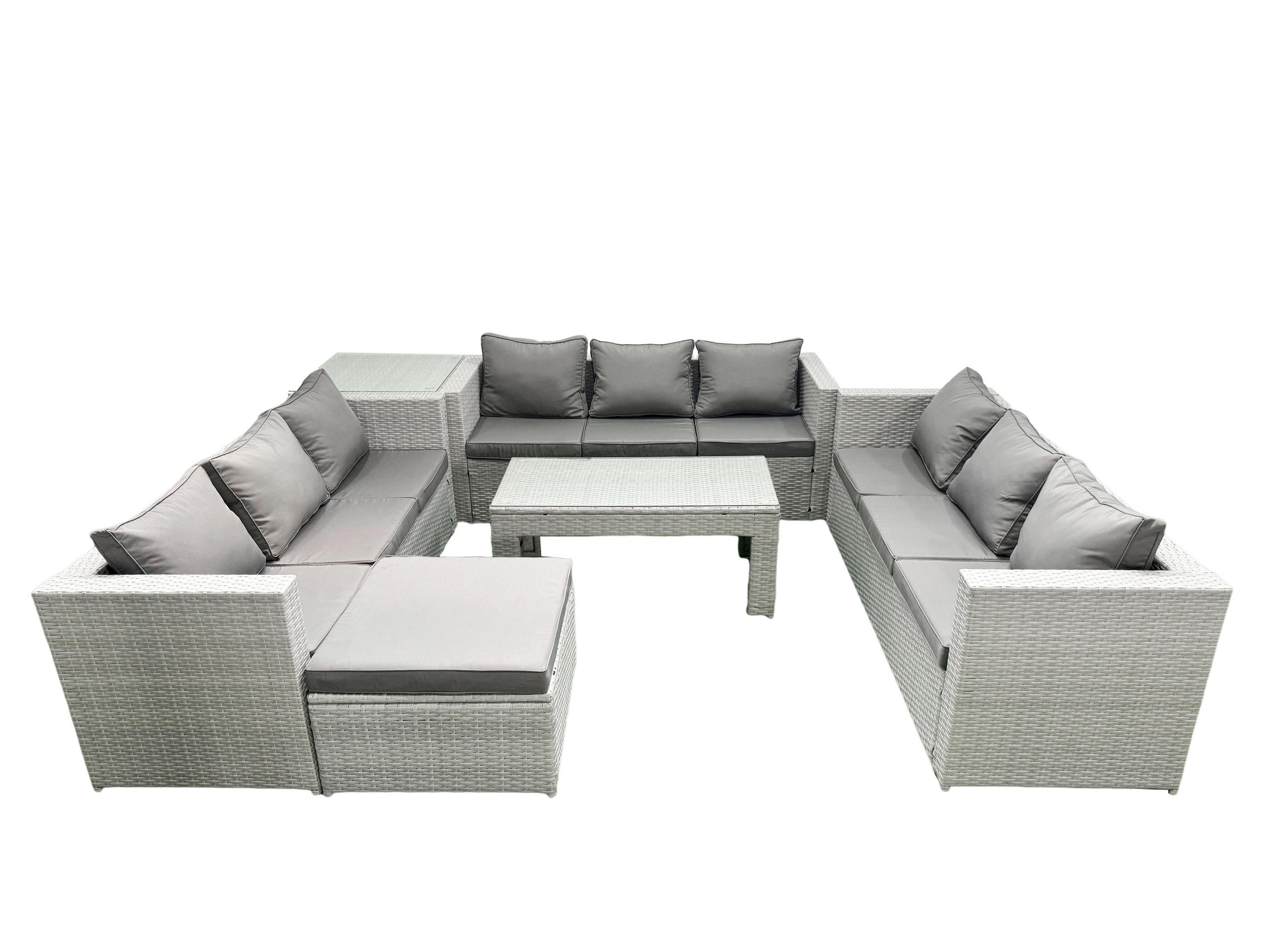 BALKONMÖBEL-SET Polyrattan Hellgrau-Mix 10-teilig - Hellgrau/Grau, Glas/Kunststoff - Fimous