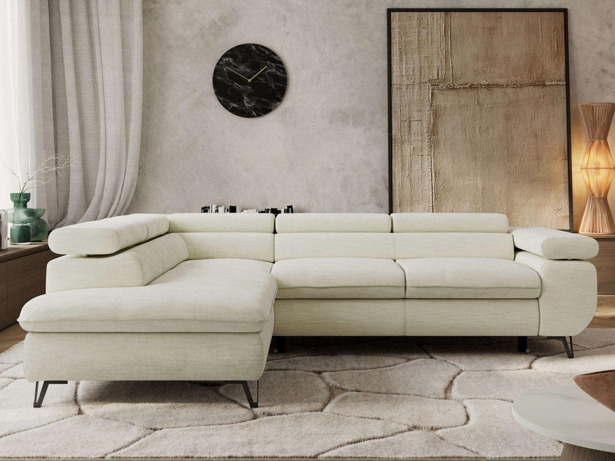 ECKSOFA PABLO L Creme Schenille glatt - Links Seite mit Visco Topper - Creme/Schwarz, Textil/Metall (208/273cm) - MKS