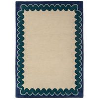 TEPPICH aus Wolle, handgetuftet, WAVENEY, in Petrol, Zickzack-Wellenbordüre, 140 x 200 cm - Türkis, Textil (140/200cm) - KADIMA DESIGN