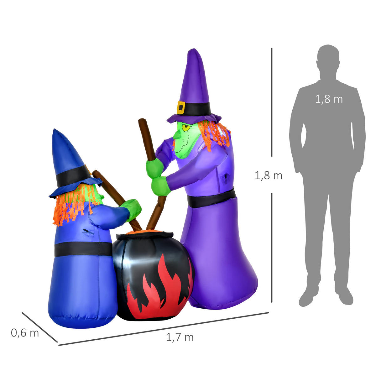 AUFBLASBARE Halloween Deko Luftfigur LED Beleuchtung Baum Hexen Katze Kürbis - Multicolor, Kunststoff (60/180/170cm) - HOMCOM