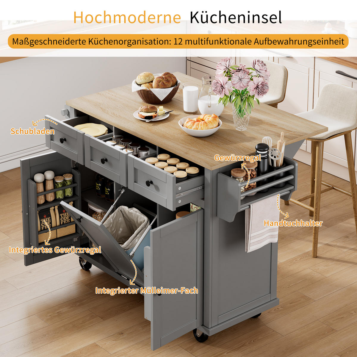KÜCHENINSEL 112/46,2-76,2/92,7 cm Grau mit Ausziehbarer Arbeitsplatte, Mülleimerfach und 2 Schubladen - Grau, Holz/Holzwerkstoff (131.2/92.7/46.2cm) - Oxeza