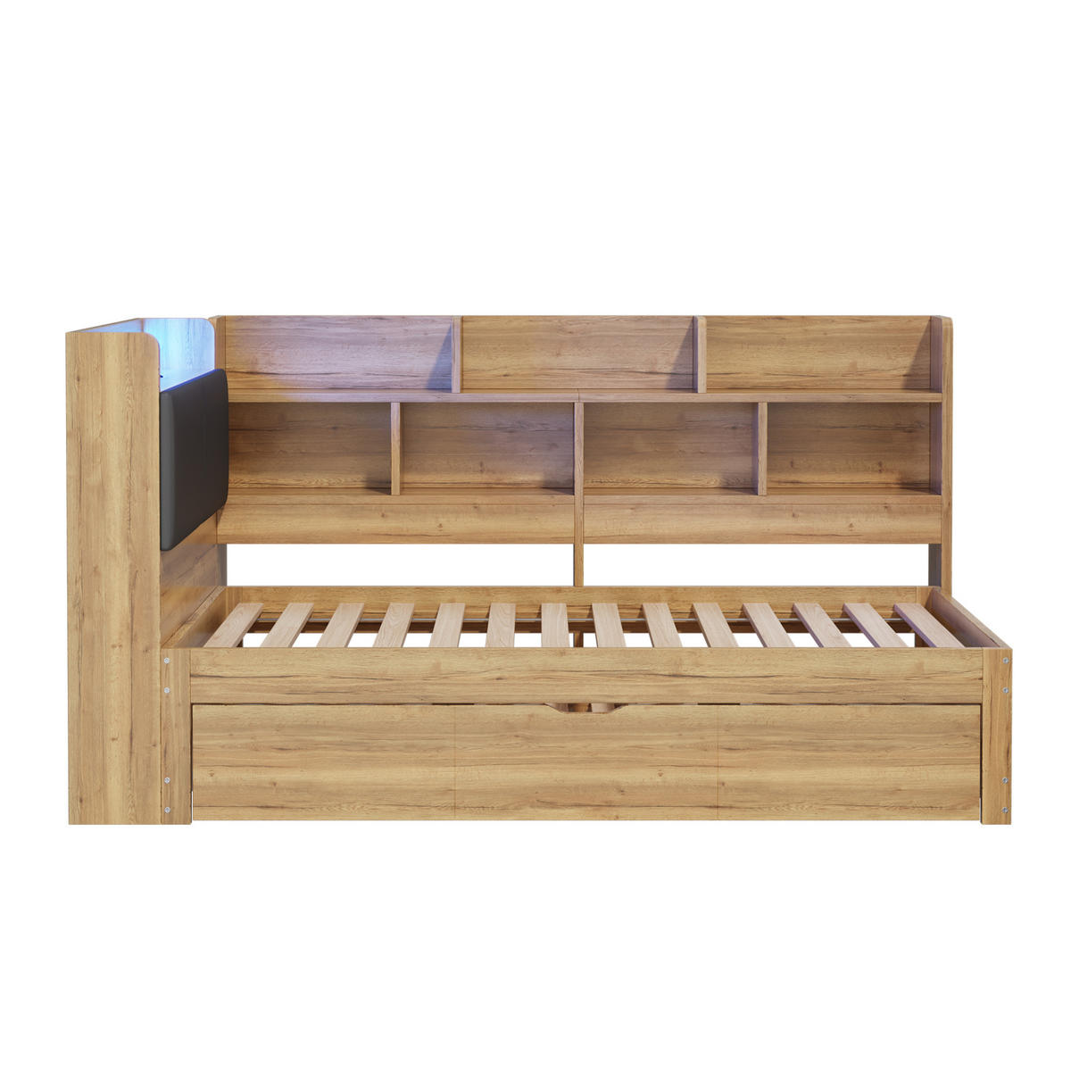 KINDERBETT 90/200 cm mit Ausziehbett 90/190 cm, LED-Beleuchtung und USB - Naturfarben, Holzwerkstoff (90/200cm) - Flora Grace
