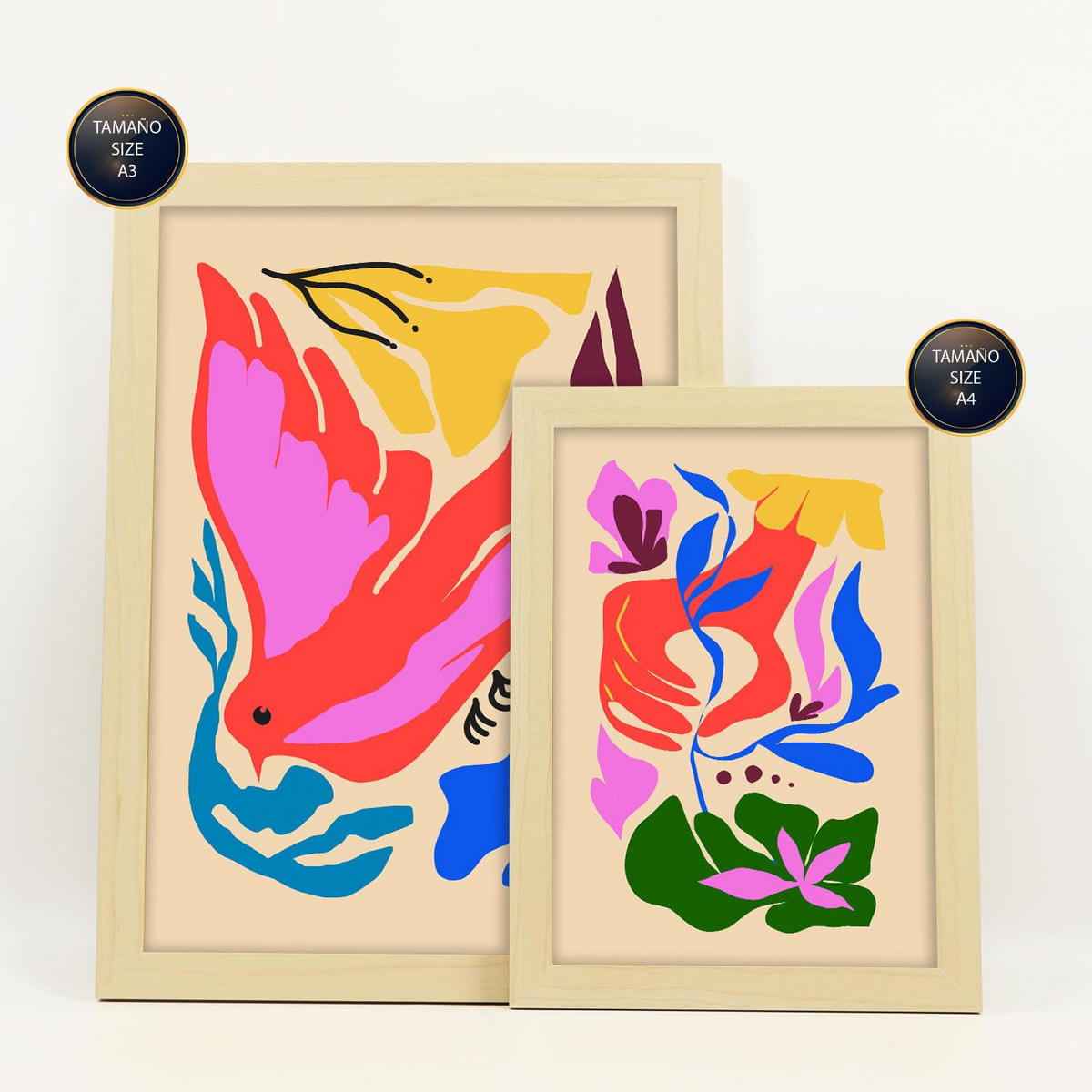 POSTER Set Mit 6 Malerisch 3 In Blume Zusammenfassung Ästhetische Dekorative Gemälde Für Ihr Wohnzimmer Zuhause A3 & A4 Rahmen Aus Hellem Holz - Beige, Papier (29/3cm) - Nacnic