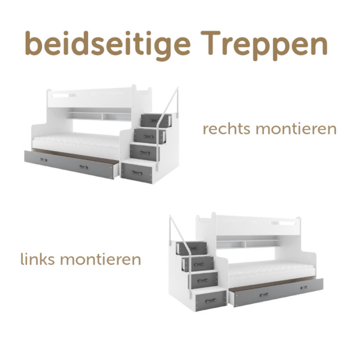 ETAGENBETT Max 3 200x80cm / 200x120cm mit Schublade und Lattenrost - Weiß/Grau, Holzwerkstoff (120/200cm) - Interbeds