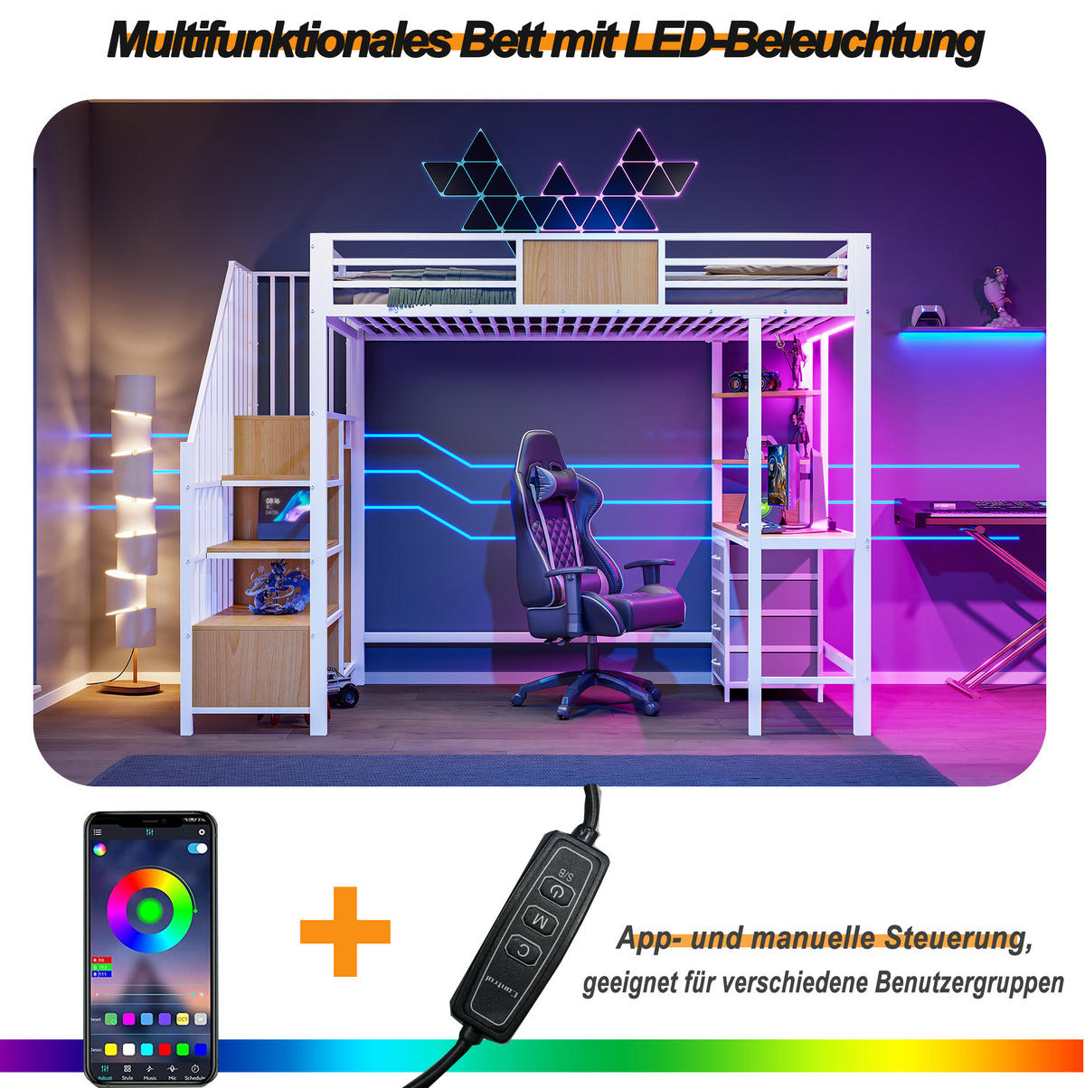 HOCHBETT 90/200 cm aus Metall und MDF mit Schreibtisch, Ablagen, Kleiderstange, LED und Steckdose Weiß - Weiß, Metall (90/200cm) - Modenvie