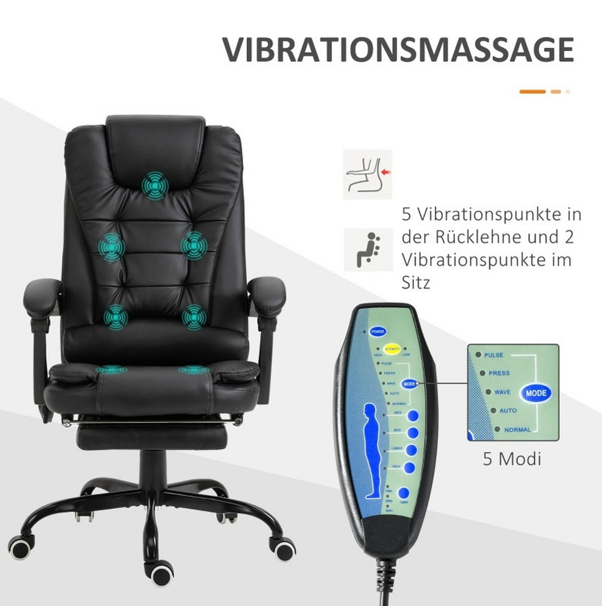 BÜROSTUHL in Schwarz 79x67x121 cm mit Massagefunktion, Fußstütze und verstellbarer Rückenlehne - Schwarz, Kunststoff (67/121/79cm) - IVMEU