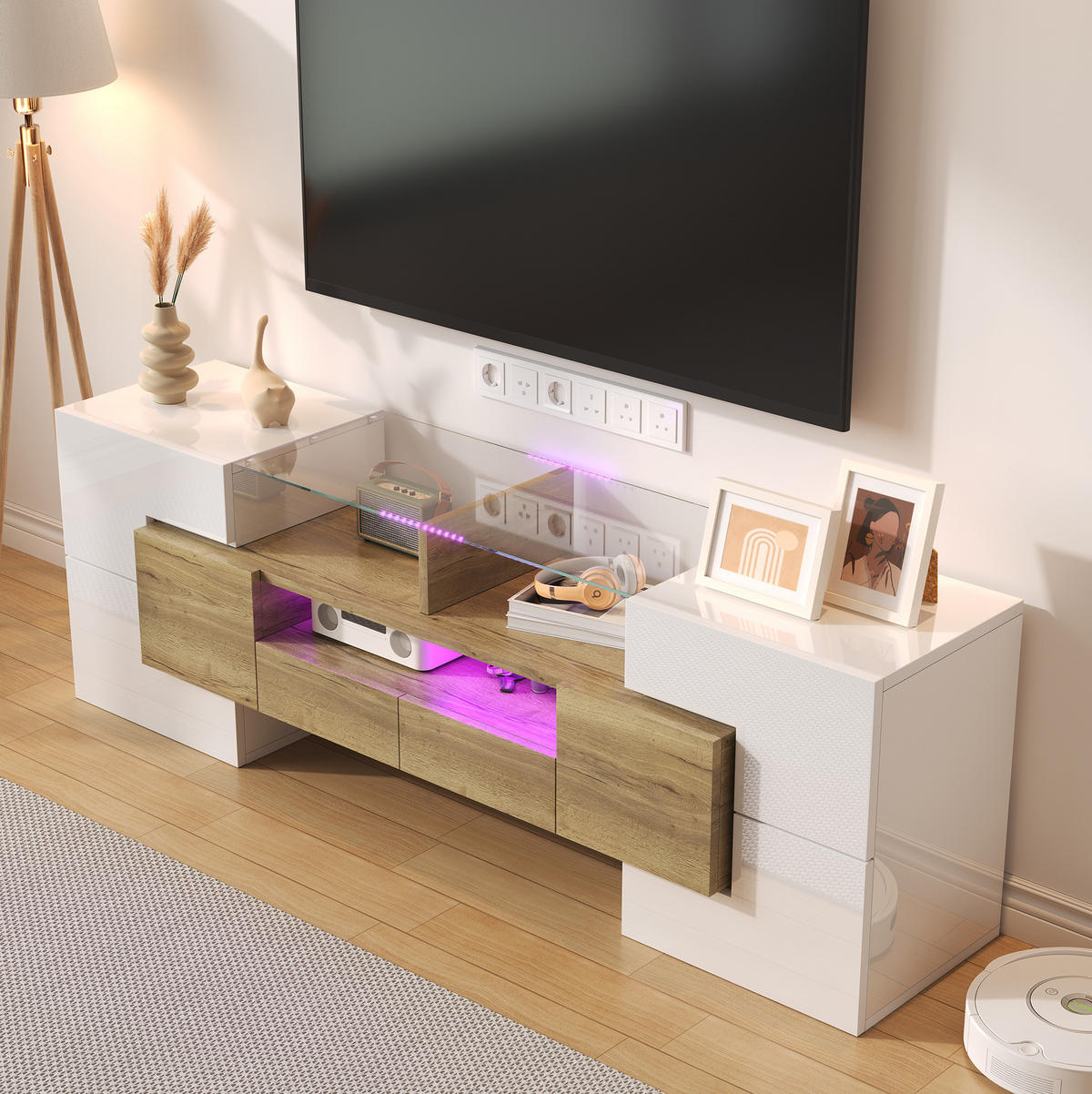 TV-SCHRANK in Hochglanz Weiß/Goldoptik mit LED und Schubladen 145/30/51 cm - Weiß, Holzwerkstoff (145/51/30cm) - Redom