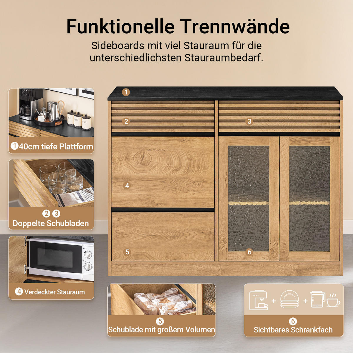 SIDEBOARD Vintagebraun-Schwarz - Schwarz/Naturfarben, Glas/Holzwerkstoff (112/89/40cm) - SoBuy