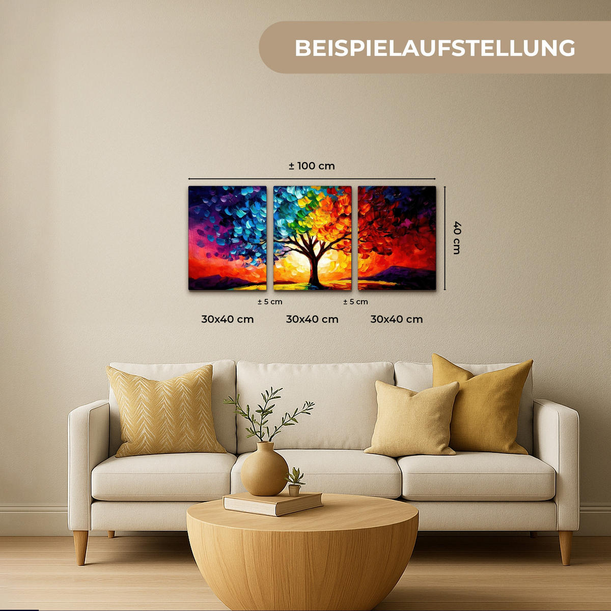 OBRAZ NA PLÁTNĚ 3dílná sada Strom - barevný - vzhled barvy - abstraktní 90x40 cm - různobarevná, textil (90/40cm) - MuchoWow