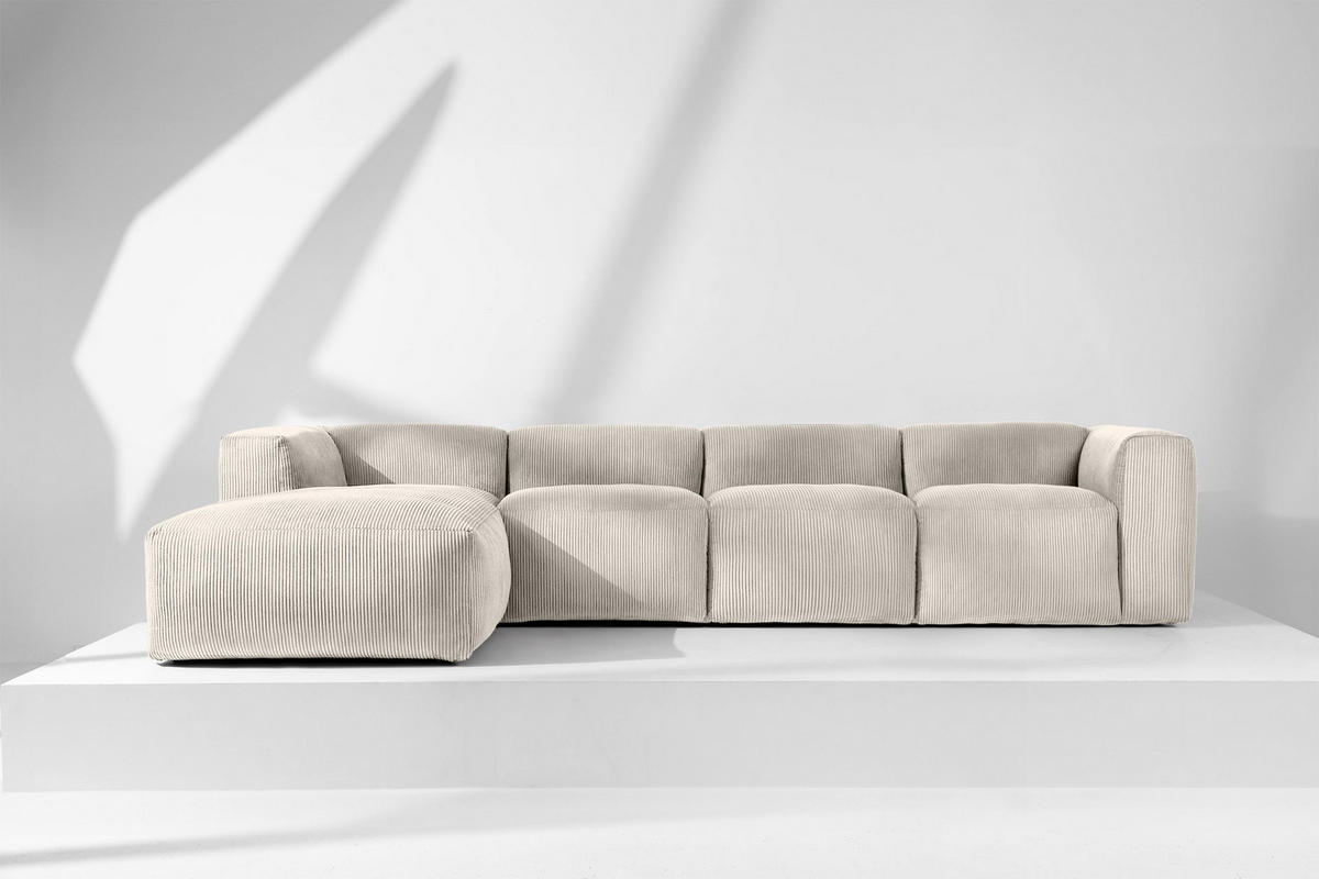 ECKMODULSOFA-LINKS BUFFO 6-Sitzer mit extrem weicher Sitzfläche, Kordstoff, cremefarbig - Creme, Textil (377/180cm) - KONSIMO®
