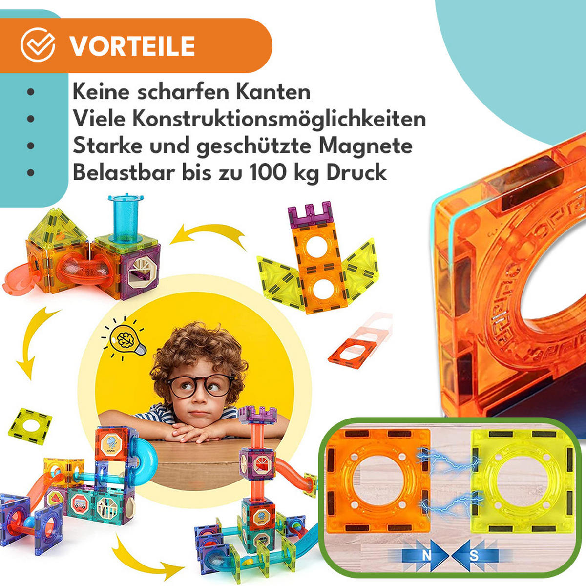 MAGNETISCHE BAUSTEINE 150 Teile - Dunkelgelb/Multicolor, Kunststoff (5/5cm) - KRUMAD