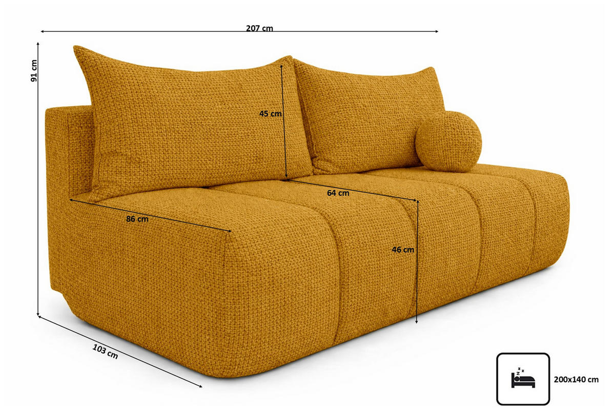 SOFA Mit Schlaffunktion Und Bettkasten, Chenille-Stoff Flow, Gelb, PIANO - Gelb, Holz (207/91/103cm) - Kaiser Möbel