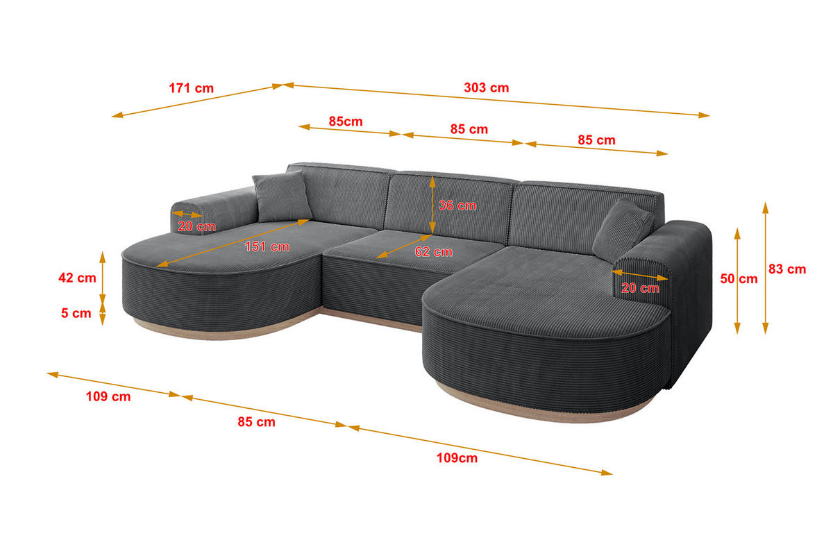 WOHNLANDSCHAFT MARI-U1-v1 - 303x171x83 cm Dunkelgrau Cord - Dunkelgrau, Holzwerkstoff/Textil (303/83/171cm) - ALTDECOR