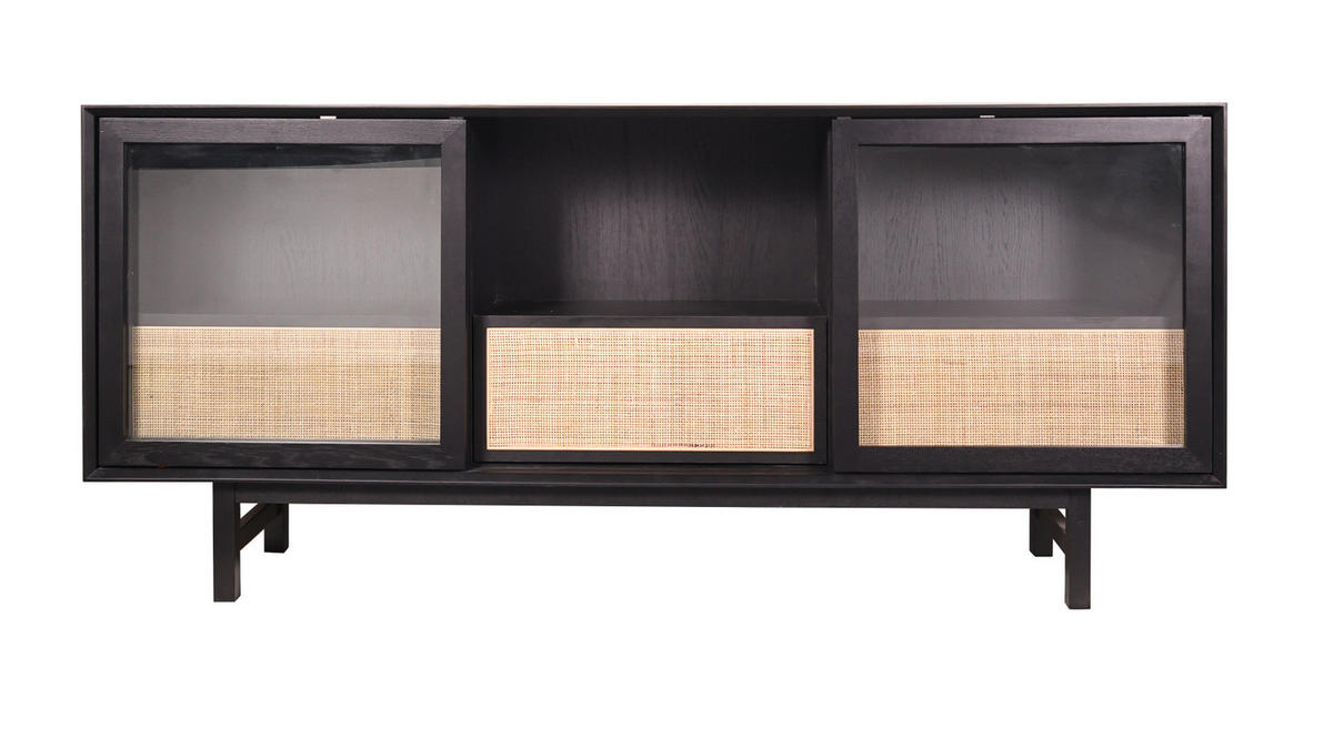 SIDEBOARD mit Schiebetüren - Echtholzfurnier - Gummibaum Schwarz / Beige - Beige/Schwarz, Holzwerkstoff (180/80/40cm) - home24