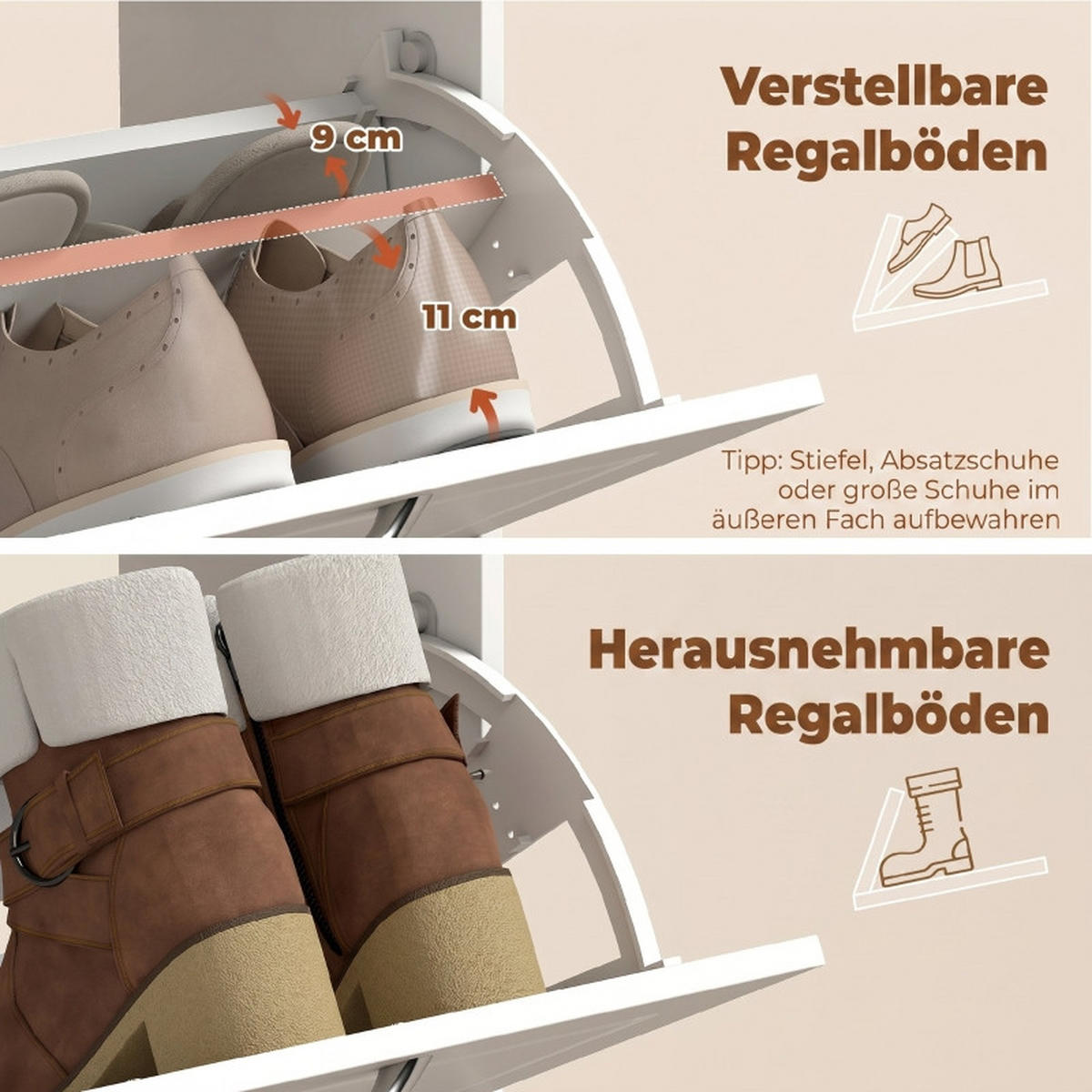 SCHUHKIPPER DE-38050 53/26,5/89 cm mit 2 Klappfächern und Schublade Weiß - Weiß, Holzwerkstoff (53/89/26.5cm) - ComfortXL