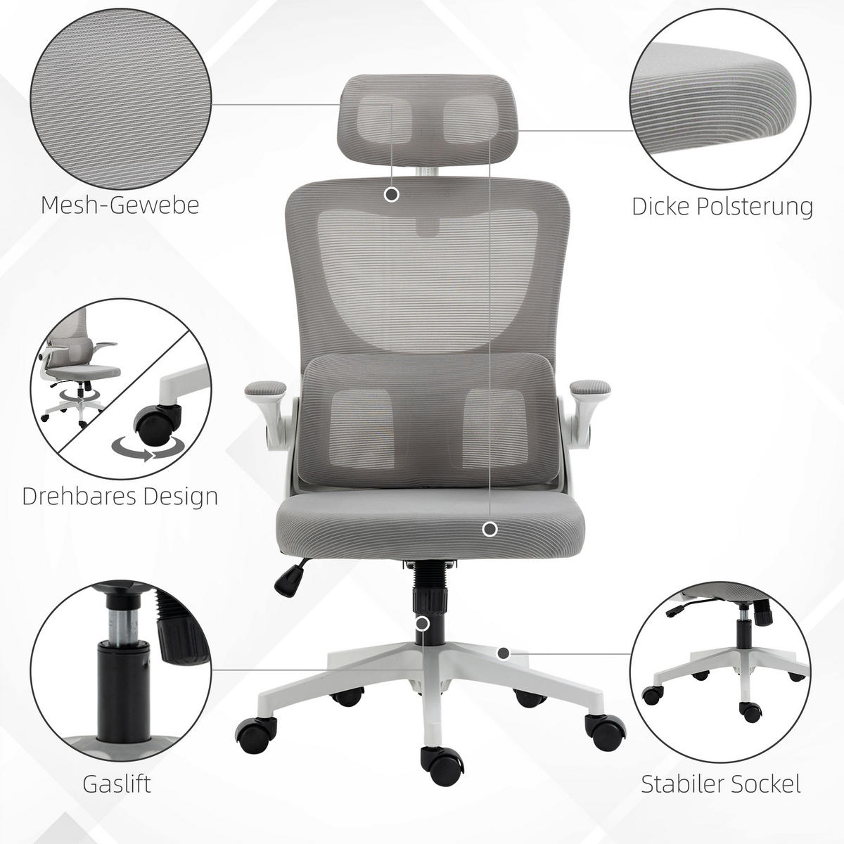 BÜROSTUHL, höhenverstellbar, verstellbare Kopfstütze, bis 120 kg, 60x59x114-122 cm, Grau - Grau, Textil (59/122/60cm)