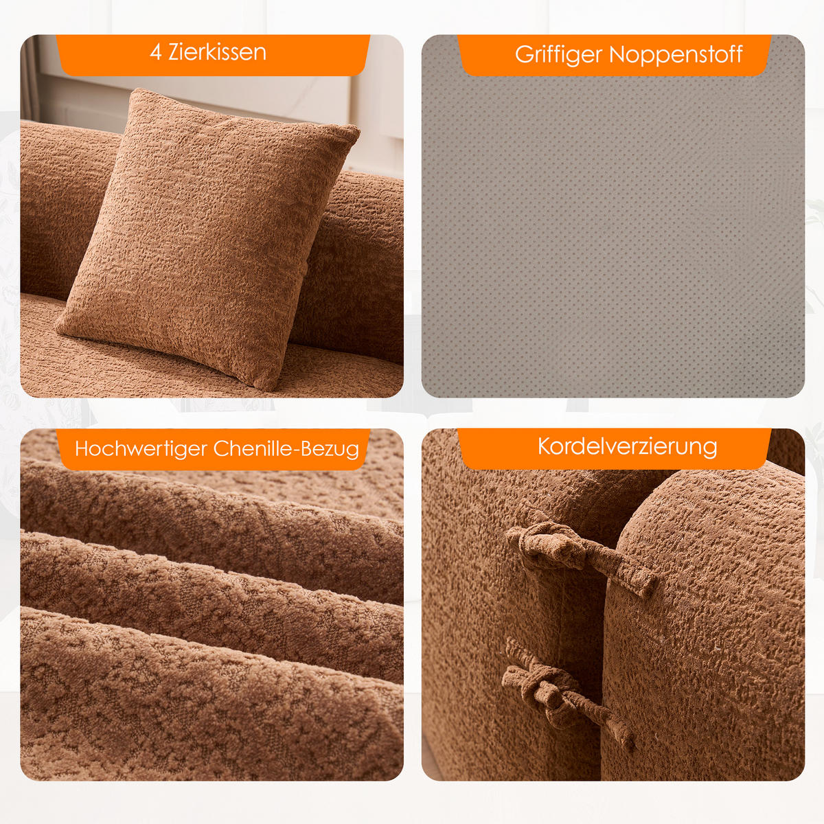 ECKSOFA 275/115/63 cm Karamell Chenille - Cognac, Textil (275/115cm) - Oxeza
