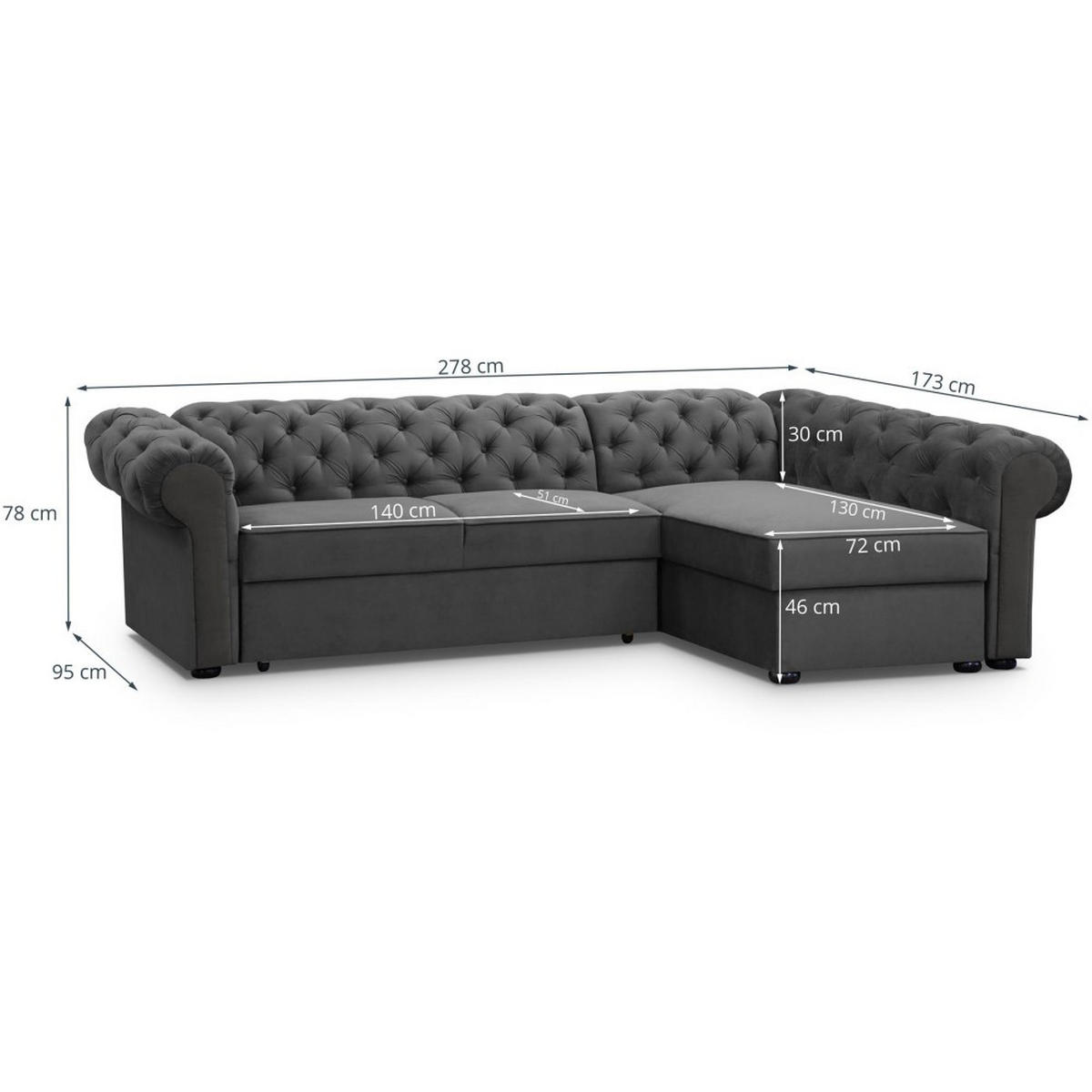 ECKSCHLAFSOFA Chester im Chesterfield-Stil, Grau, rechts - Schwarz/Grau, Textil (278/173cm) - Beautysofa