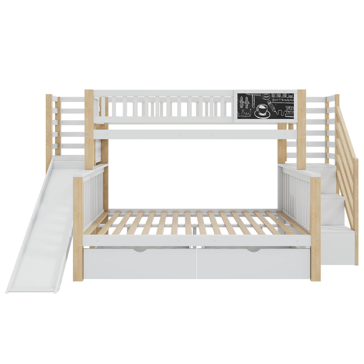 ETAGENBETT 90/200 cm & 140/200 cm in Weiß & Natur mit Rutsche, Tafel und Stauraum - Weiß, Holz/Holzwerkstoff (140/200cm) - CHICFURN