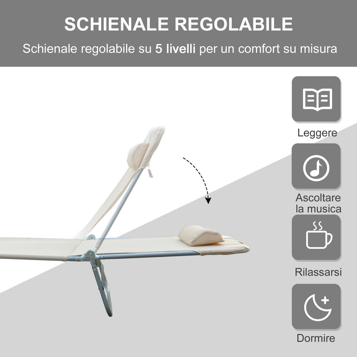 SONNENLIEGE Klappbare mit verstellbarer Rückenlehne und Kissen 182 x 56 x 24,5 cm - Beige, Metall (56/24.5/182cm) - Vallsero