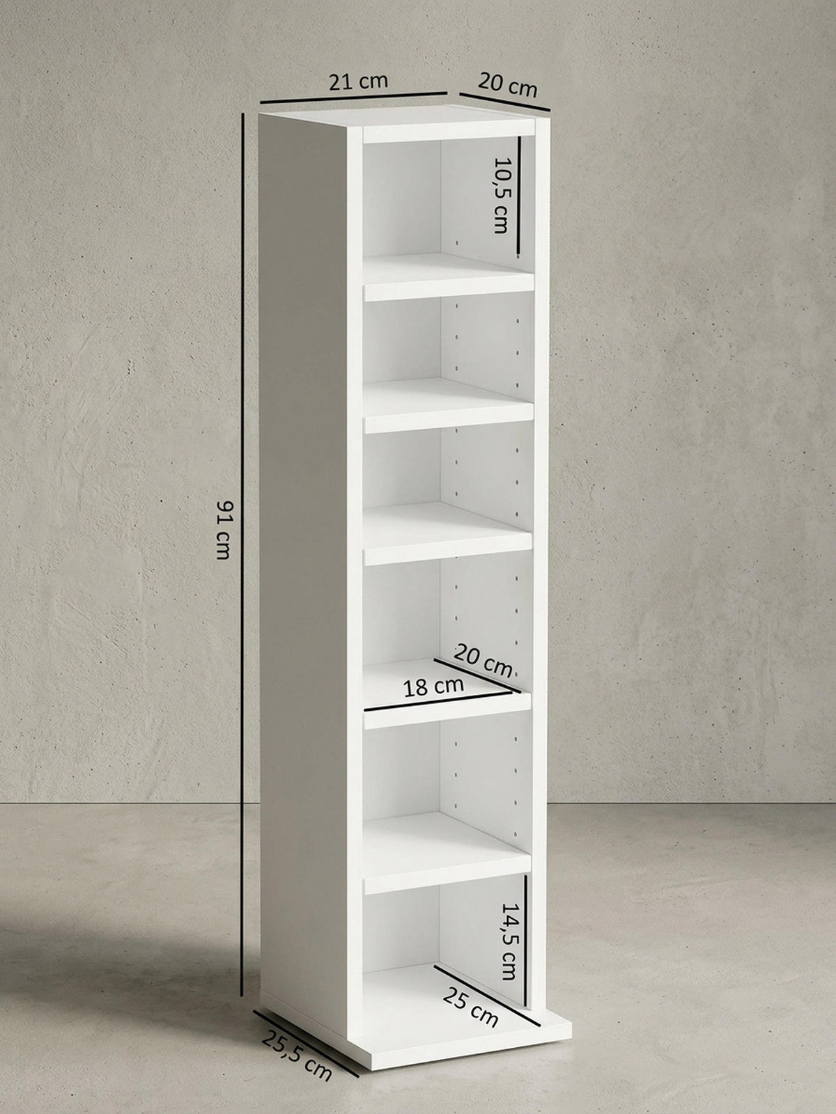 WANDREGAL – 6 Fächer, weiß, schmal, freistehend, 21x91x25,5 cm - Weiß, Holz (21/91/20cm) - KADIMA DESIGN