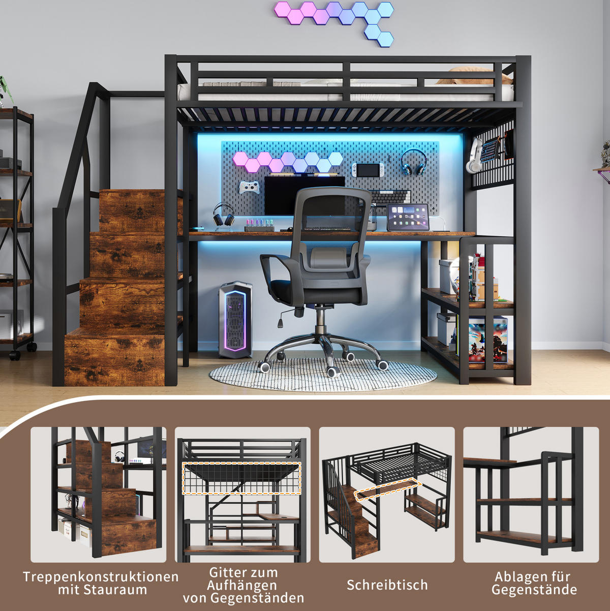 HOCHBETT 140/200 cm Schwarz aus Metall mit Schreibtisch - Schwarz, Metall (140/200cm) - OKMYHOME