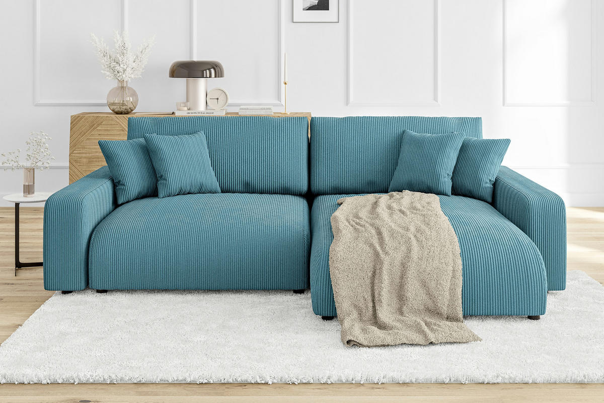 ECKSOFA Emma Türkis Cord - Ottomane rechts - Türkis, Textil (234/170cm) - S-Style Möbel