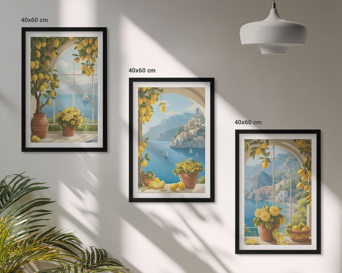 BILDER SET 3er Set - 40x60 cm Schwarzer Rahmen - Meereslandschaften, Zitronen, Fenster - Schwarz, Kunststoff (40/60cm) - TULUP