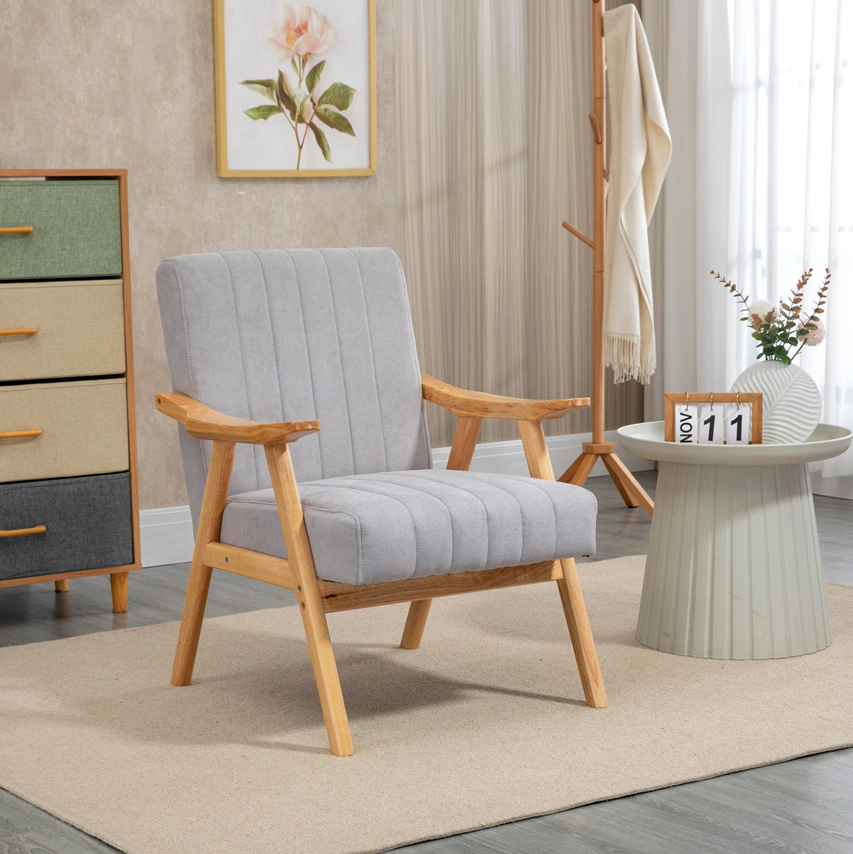 SESSEL 68x74x82 cm in Hellgrau, Skandi-Lounge mit Samtoptik, Gummiholzbeine - Hellgrau, Kunststoff (74/82/68cm) - Modfu