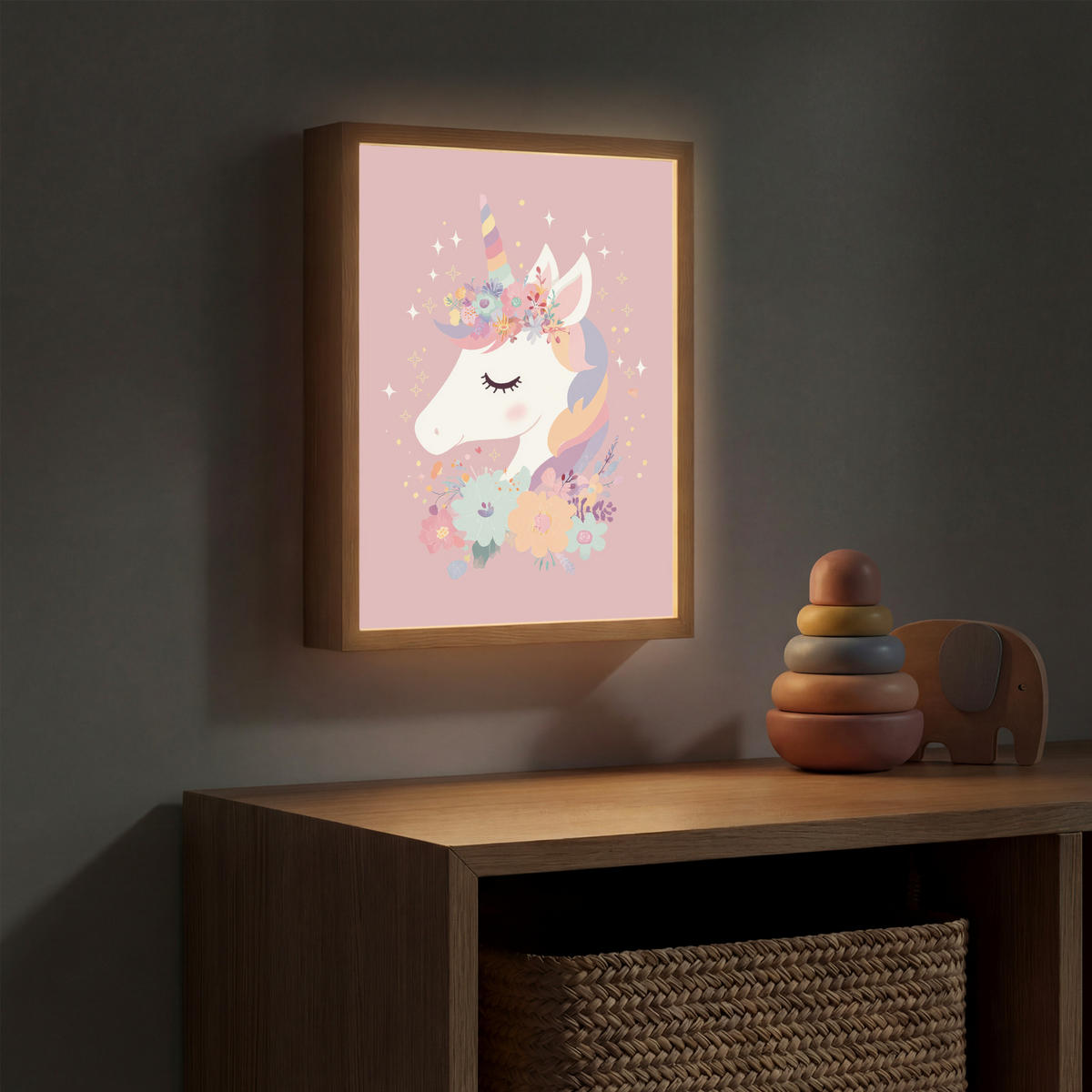 DOBÍJECÍ NOČNÍ LAMPIČKA Jednorožec - růžová - květiny 30x40 cm - růžová, kompozitní dřevo (8/30/40cm) - OnlyWow
