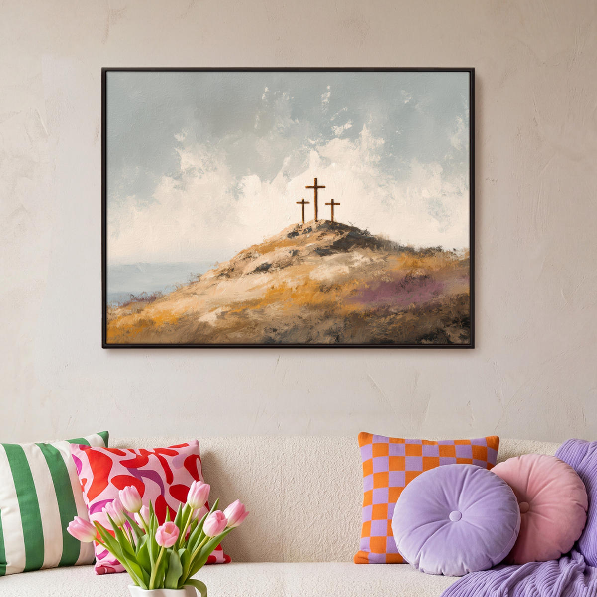 LEINWAND Bilder mit Rahmen - Hügel - Abstrakt - Christentum - Kreuz - 100x70 - Hellgrau, Textil (100/70cm) - MuchoWow