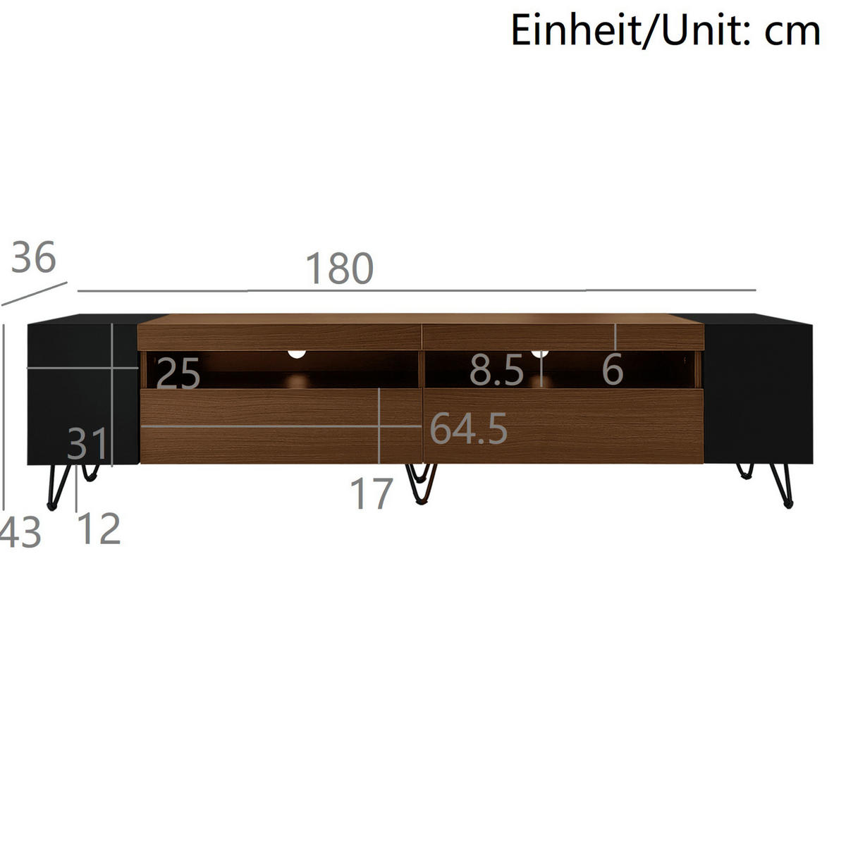 LOWBOARD 180/36/43 cm Schwarz/Holzoptik aus MDF und Spanplatte mit Stauraum - Schwarz, Holzwerkstoff (36/43/180cm) - OKMYHOME