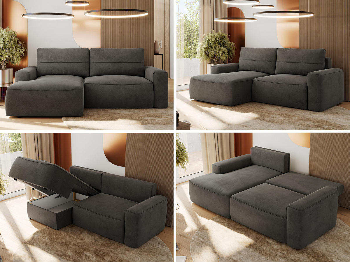 ECKSOFA BELLUNO L Dunkelgrau Velvet - Links - Dunkelgrau/Schwarz, Textil (144/233cm) - MKS