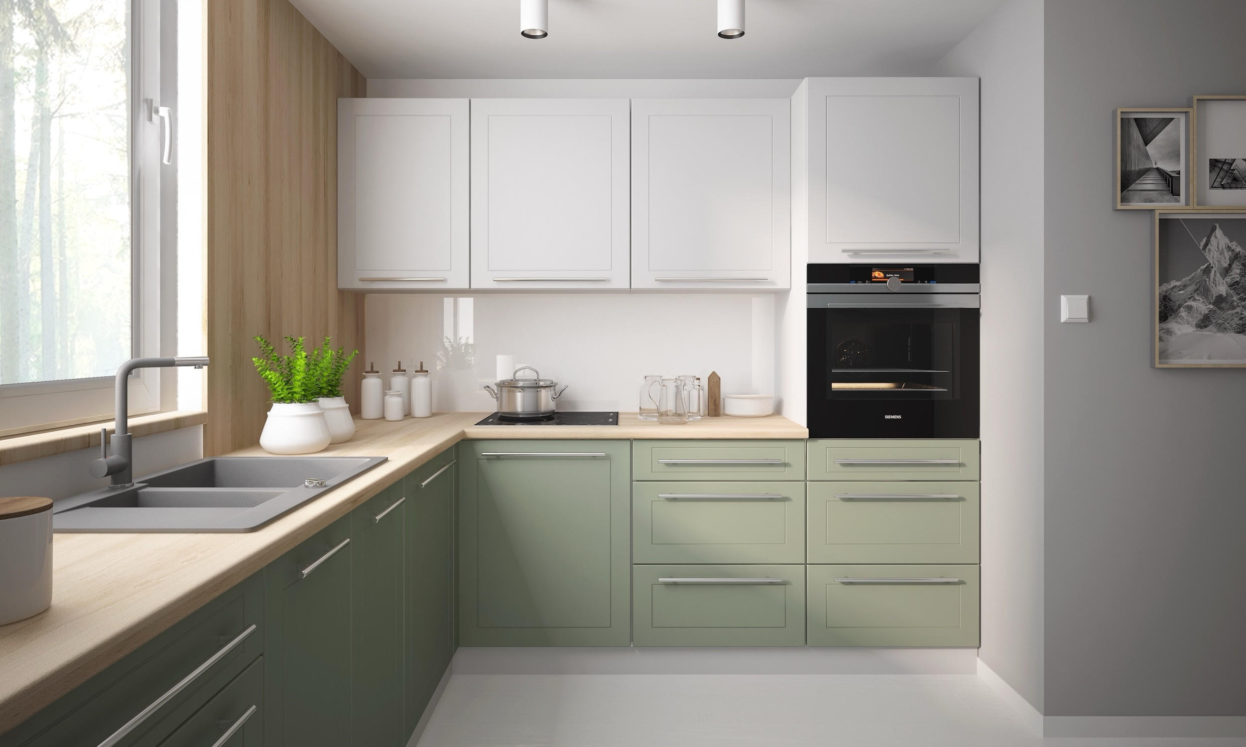 WINKELKÜCHE Bari grau / signalweiß-blassgrün matt 9-teilig - Weiß/Grün, Holzwerkstoff (245/207/240cm) - Feldmann-Wohnen