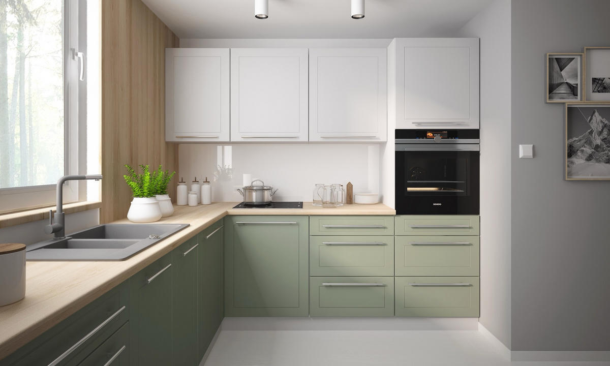 WINKELKÜCHE Bari grau / signalweiß-blassgrün matt 9-teilig - Weiß/Grün, Holzwerkstoff (245/207/240cm) - Feldmann-Wohnen