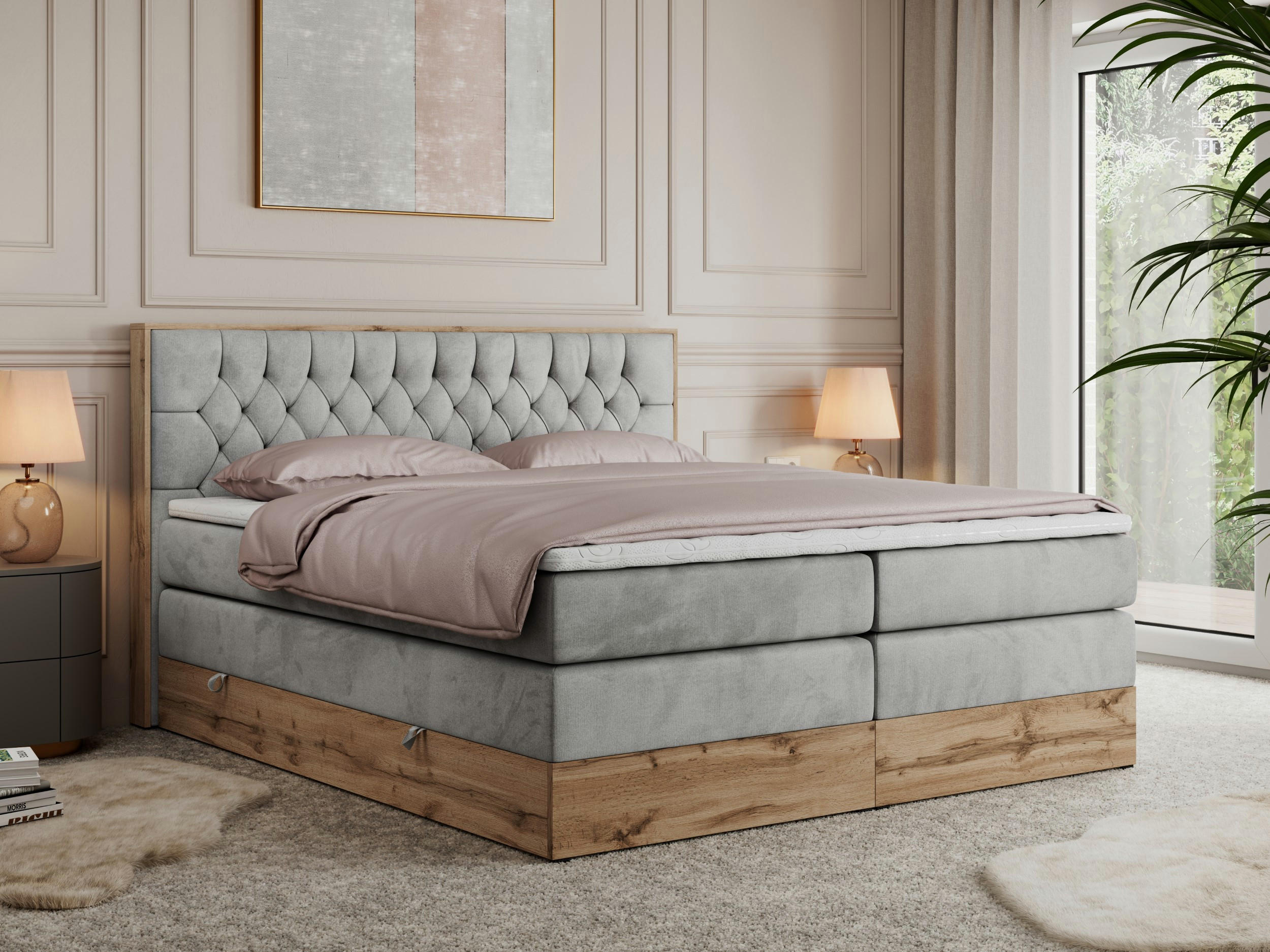 BOXSPRINGBETT AMORE KING 200/200 Hellgrau Velvet - H3 - Hellgrau, Holz/Textil (200/200cm) - MKS