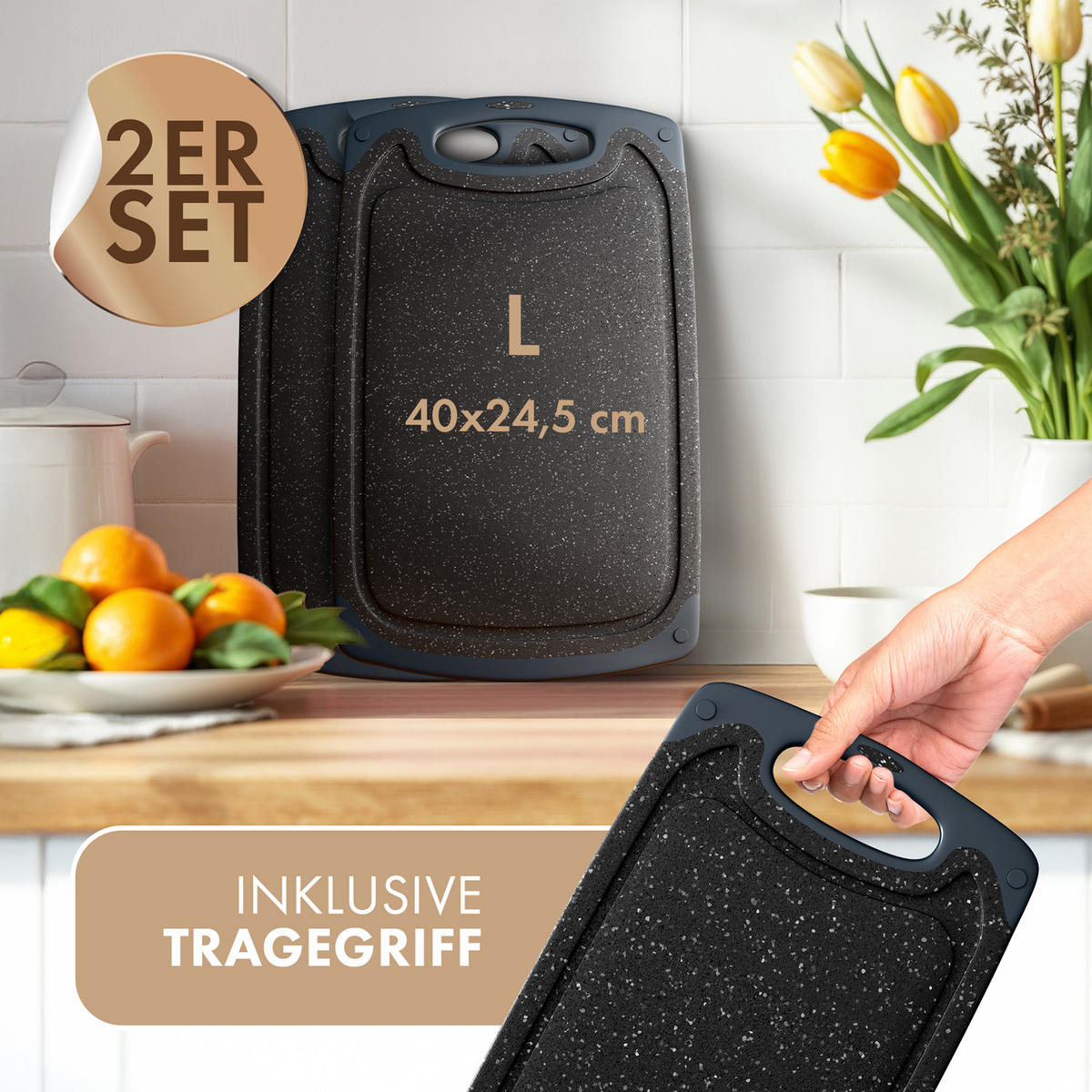 SCHNEIDEBRETT 2er Set Schwarz - Schwarz, Kunststoff (24.5/40cm) - Blumtal