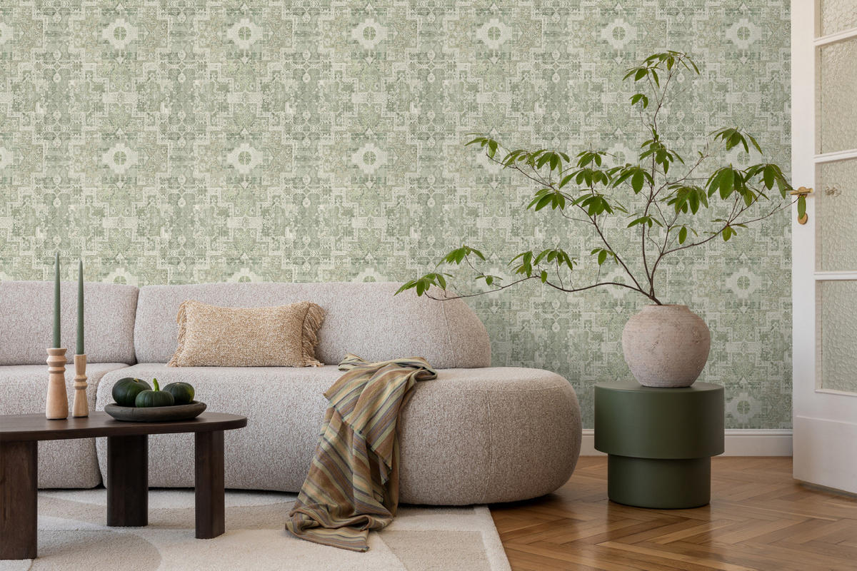 TAPETE orientalisches Kelim-Patchwork 50 x 900 cm - Grün, Papier (50/900cm) - ESTAhome