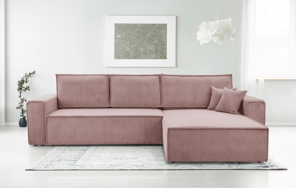 ECKSOFA L Form Cedria Lavendel 287/145/85 cm mit Schlaffunktion - Hellrosa/Schwarz, Kunststoff/Textil (287/145cm) - AX Living
